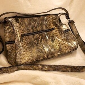 Snake print hand bag with shoulder and hand straps, 11" x 9"